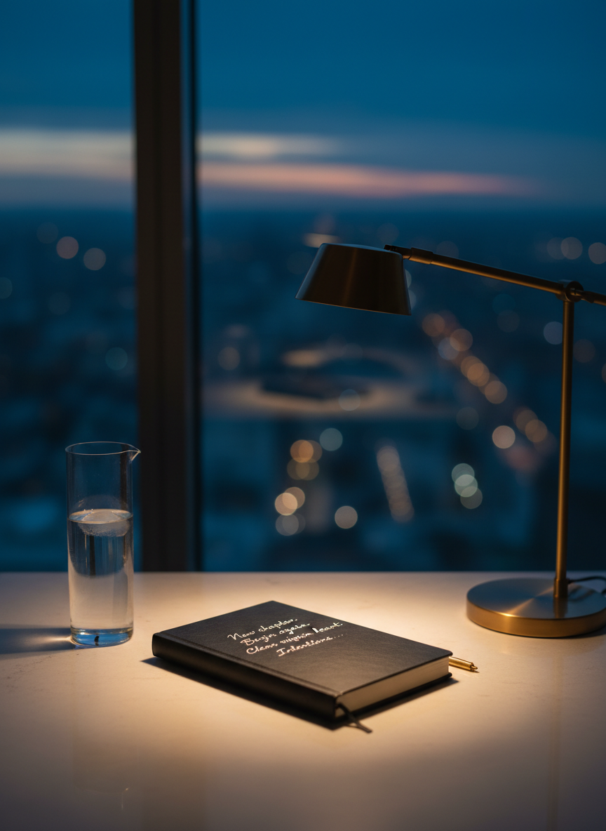 An elegant writing corner featuring a sleek, matte-black journal centered on a pale stone desk, flanked by a slender glass carafe of water and a minimalist brass desk lamp. The lamp casts a warm, focused pool of light over the journal’s slightly textured cover and the crisp, ivory page revealed within, where the first few lines of handwritten intentions have just begun. In the softly blurred background, a large window reveals only an abstract wash of twilight blues and city lights. Photographic realism, shot from a slightly elevated angle with a controlled depth of field. The mood is sophisticated and contemplative, evoking the moment of recommitting to oneself after leaving a chaotic relationship with addiction.