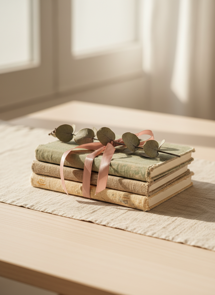 A close-up, photographic image of a small stack of worn, cloth-bound notebooks tied with a thin satin ribbon, placed on a subtly textured linen runner atop a minimalist wooden table. A single dried eucalyptus sprig rests on top of the stack, its muted green leaves echoing the soft sage and taupe tones of the scene. Soft morning light enters from the left, creating gentle highlights on the ribbon and subtle shadows between the notebooks. The background fades into creamy bokeh with the faint outline of a window frame, keeping full focus on the journals. Composed using the rule of thirds, the atmosphere feels serene, grounded, and introspective, hinting at years of private recovery reflections and personal growth.