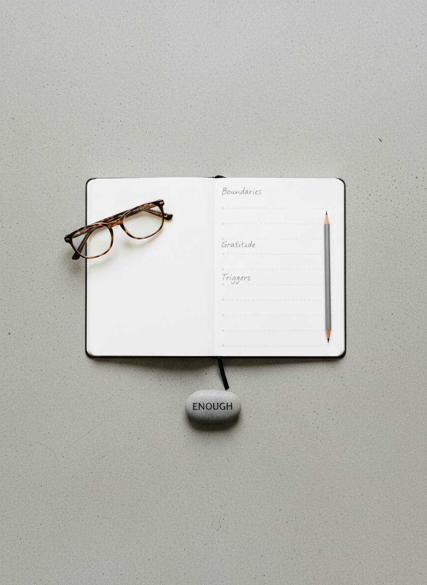 A neatly arranged flat lay of recovery tools on a pale, matte concrete surface: an open dotted notebook with a clean, structured layout of headings like “Boundaries,” “Gratitude,” and “Triggers,” a slim graphite pencil aligned precisely along the journal’s spine, a pair of understated tortoiseshell reading glasses, and a small, smooth river stone engraved with the word “Enough.” Soft, diffused daylight from an overcast sky washes evenly across the scene, minimizing harsh shadows and emphasizing subtle textures. Photographic realism with top-down, bird’s-eye composition and impeccable spacing between objects, creating a refined, organized aesthetic. The mood is calm, intentional, and empowering, reflecting a sophisticated approach to tracking emotional healing and rebuilding life after loving someone with alcoholism.