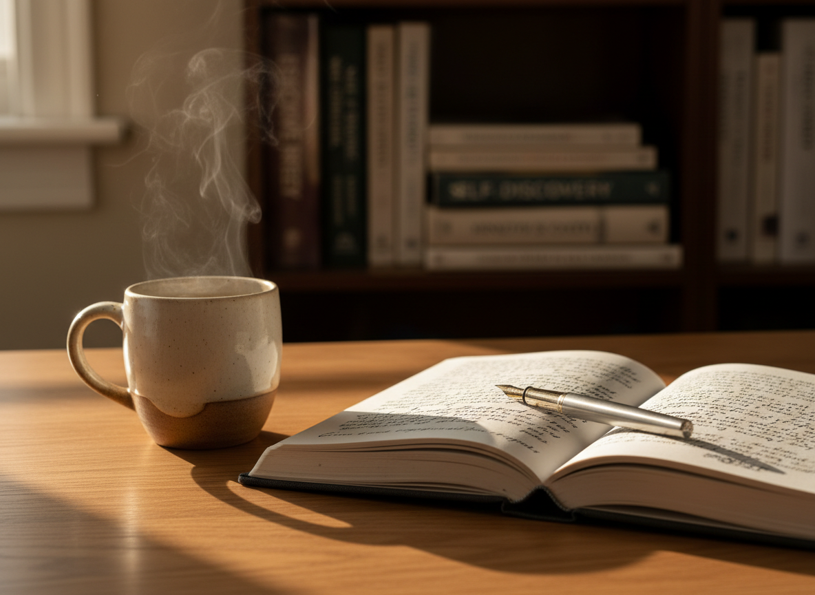 A hardcover journal with a linen-textured, deep charcoal cover lies open on a smooth oak desk, a single fountain pen resting diagonally across a half-filled page of neat, flowing handwriting. Beside it, a ceramic mug of herbal tea sends up delicate curls of steam. In the background, a softly blurred bookshelf holds a few carefully chosen titles about recovery and self-discovery. Late afternoon natural light filters through an unseen window, casting refined, angular shadows and a warm golden glow. Photographic realism, shot at an eye-level angle with a shallow depth of field, creating a calm, sophisticated mood that suggests quiet reflection and emotional healing through writing.